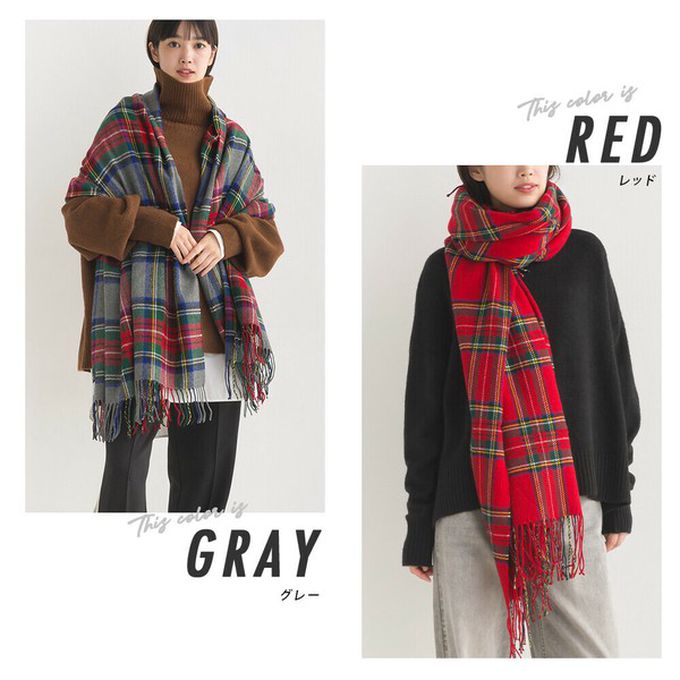 日本 OMNES - 羊毛混紡經典格紋圍巾披肩-K(卡其x白)