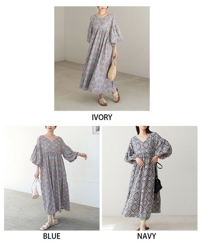 日本 Bab - 滿版歐風印花V領泡泡寬袖洋裝-寶藍棕系