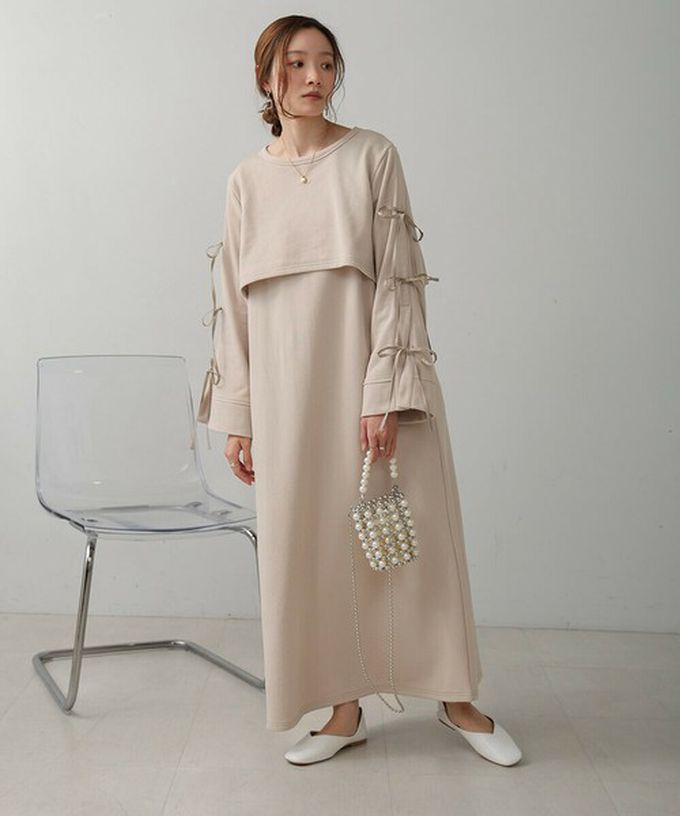 日本 Bab - 袖蝴蝶結層次感喇叭袖洋裝-淺棕 (M)