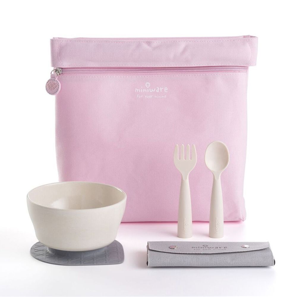 美國Miniware - 天然寶貝兒童餐具-My First! 旅行餐具組-牛奶櫻花粉-竹纖維麥片碗-牛奶麥片*1 矽膠防滑吸盤*1 My First!叉匙組*1 寶貝收納袋-櫻花粉*1