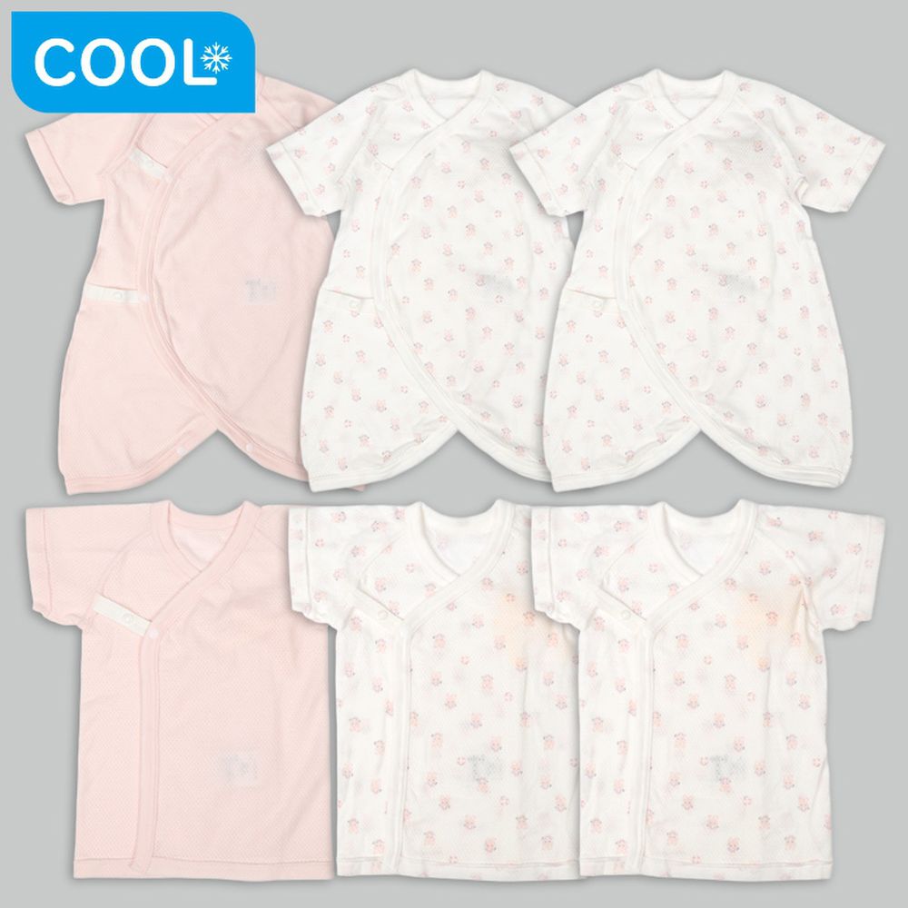 新生兒網眼內衣6件組-按扣 短袖7分袖 兔子-粉紅色 (50~60cm)