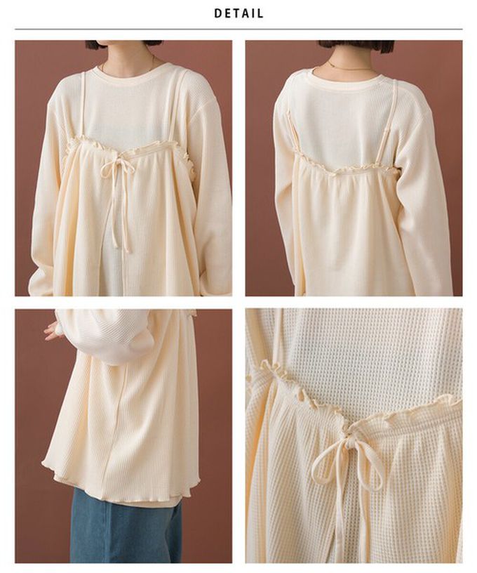 日本 OMNES - 定番華夫格荷葉細肩帶上衣(同色2件組)-深灰