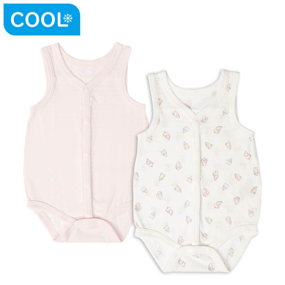 無袖包屁衣2件組涼爽純棉-前開式-粉紅色