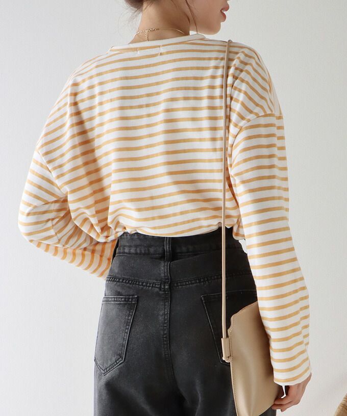 日本 BLUE EAST - 百搭落肩休閒長袖上衣-條紋-軍綠