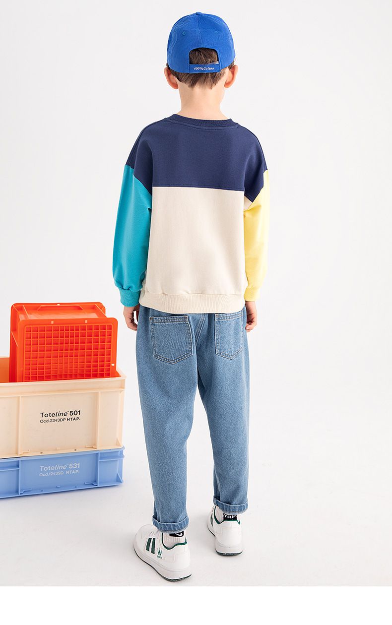 卡通汪汪隊純棉圓領拼接長袖上衣-卡通人物阿奇-紅+綠+杏