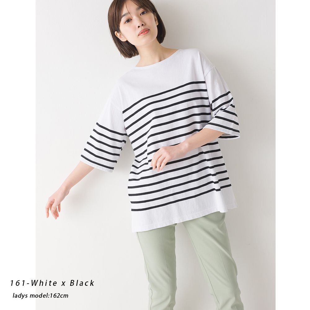 日本 OMNES - 100%棉 圓領條紋五分袖上衣-白x黑