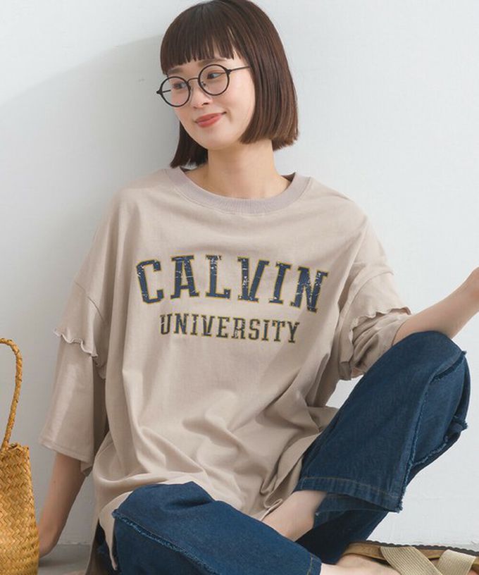 日本 Lupilien - 接觸冷感 學院風印花荷葉寬袖上衣-橘