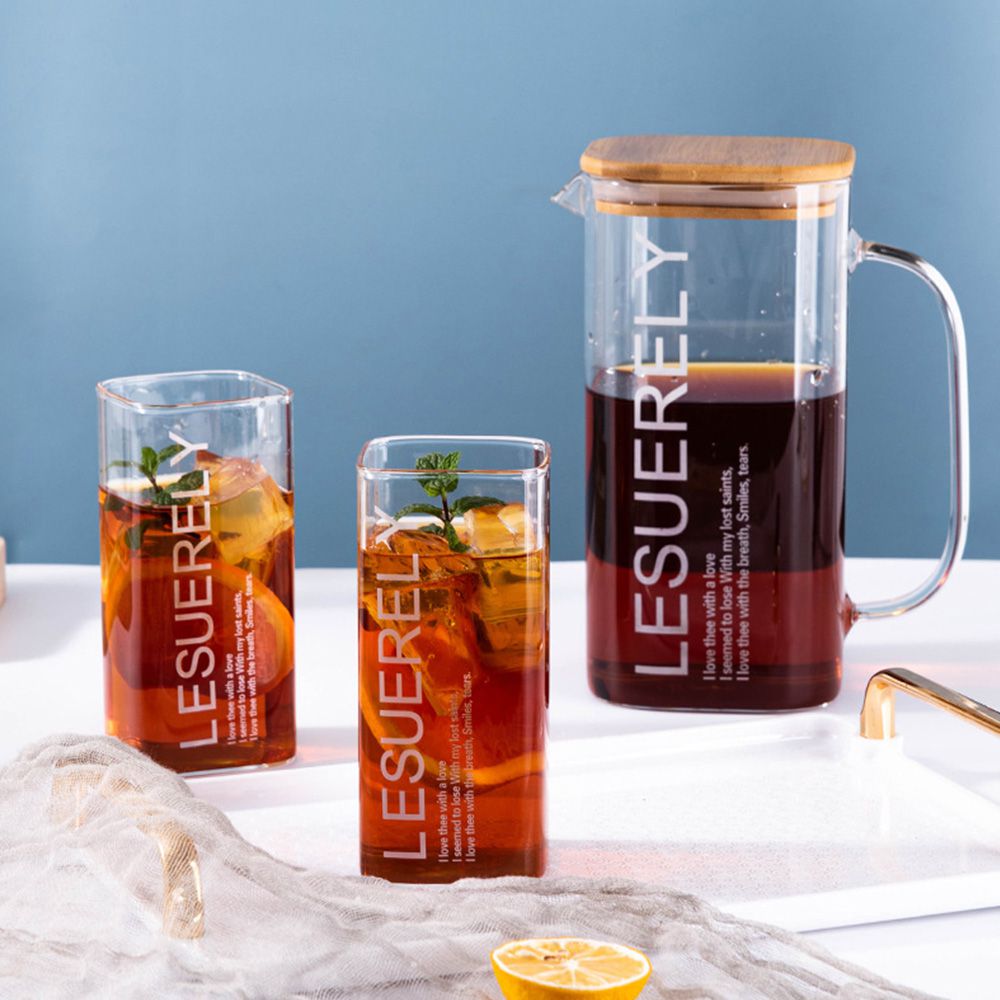 大容量美式高硼硅玻璃水壺/方型冷熱水壺/木蓋水壺1.5L附2杯