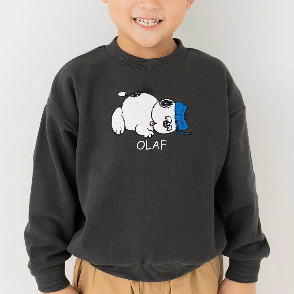 限定聯名 史奴比縮口長袖上衣-立體刺繡OLAF-炭灰