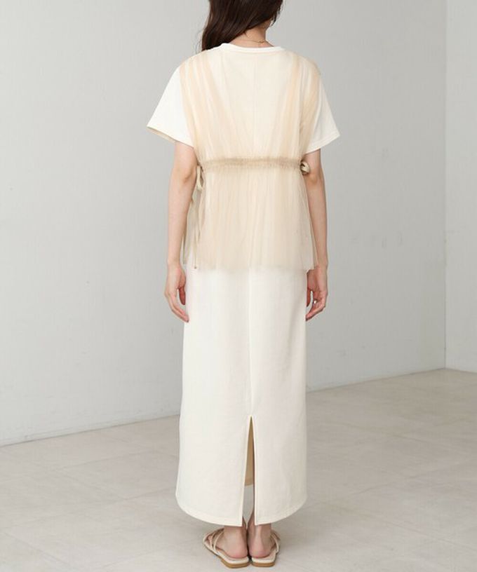 日本 Bab - 層次設計感薄紗拼接短袖洋裝-象牙