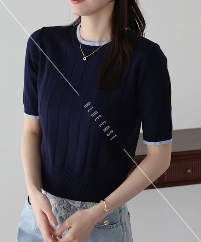 日本 BLUE EAST - 羅紋彈性薄針織五分袖上衣-薄荷綠