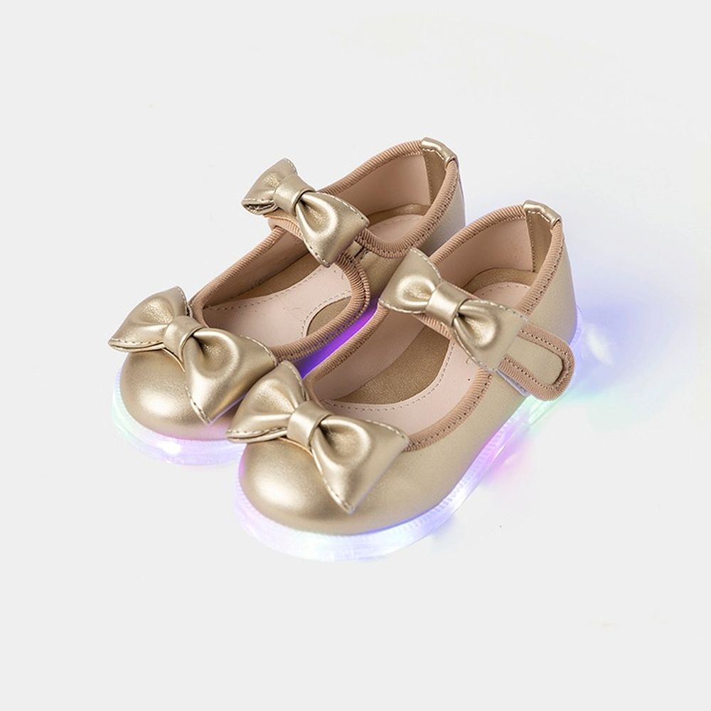 (LED)雙蝴蝶結造型金屬絲光公主鞋-香檳金