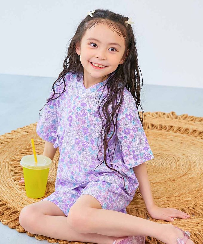 日本 devirock - 夏日風情涼爽紋理甚平套裝-滿版花朵-黑