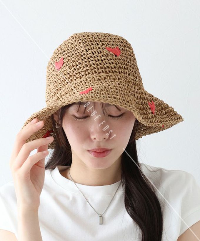 日本 BLUE EAST - 可愛刺繡編織遮陽漁夫帽-淺卡其