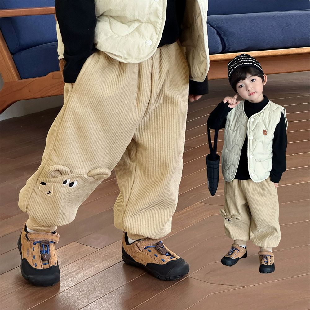 加絨款燈心絨休閒長褲-立體動物-卡其