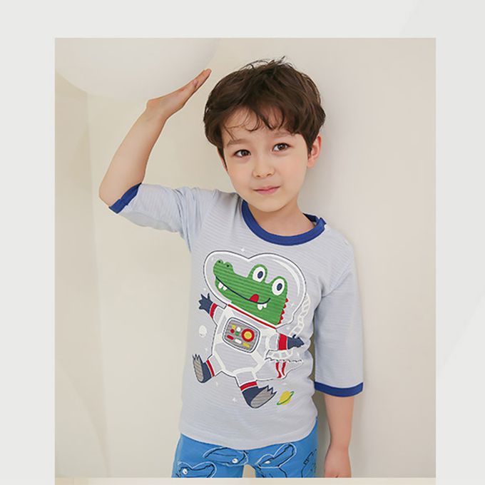 正韓 Puco - 超優質嬰幼兒/兒童七分袖100% 有機純棉家居服/睡衣-太空鱷魚