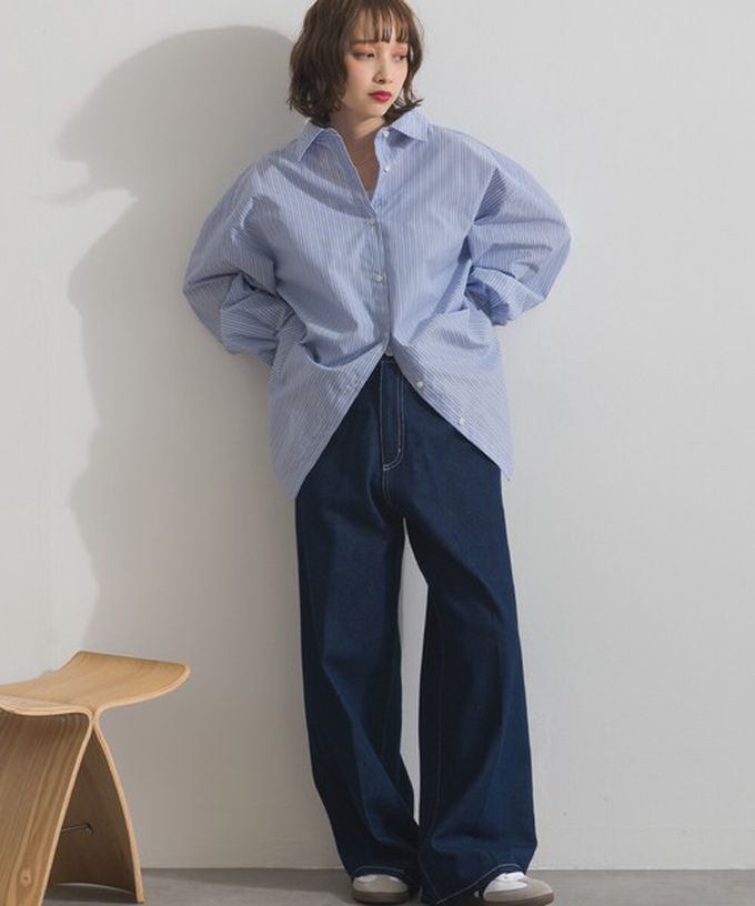 日本 ELENCARE DUE - 2way穿法俐落條紋寬版襯衫-卡其