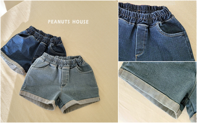 韓國 Peanuts House - 鬆緊腰褲管反折牛仔短褲-淺藍