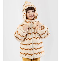 韓國 OZKIZ - (附毛毛帽)羊羔絨絎縫內襯拉鍊外套-波浪紋-米