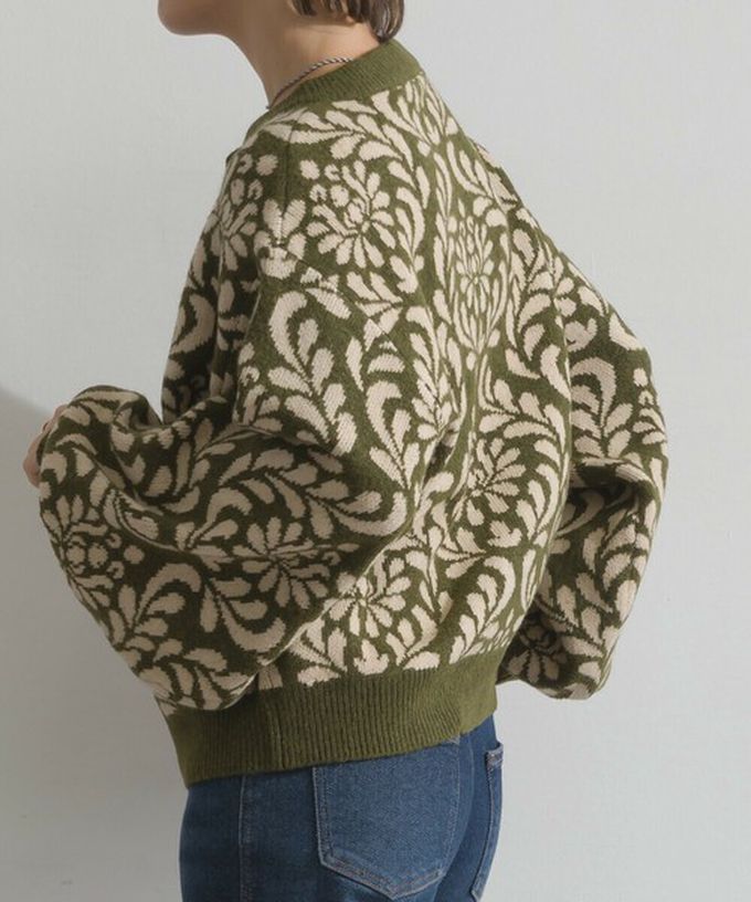 日本 Lupilien - 盛開花卉針織寬袖開襟衫/外套-炭灰