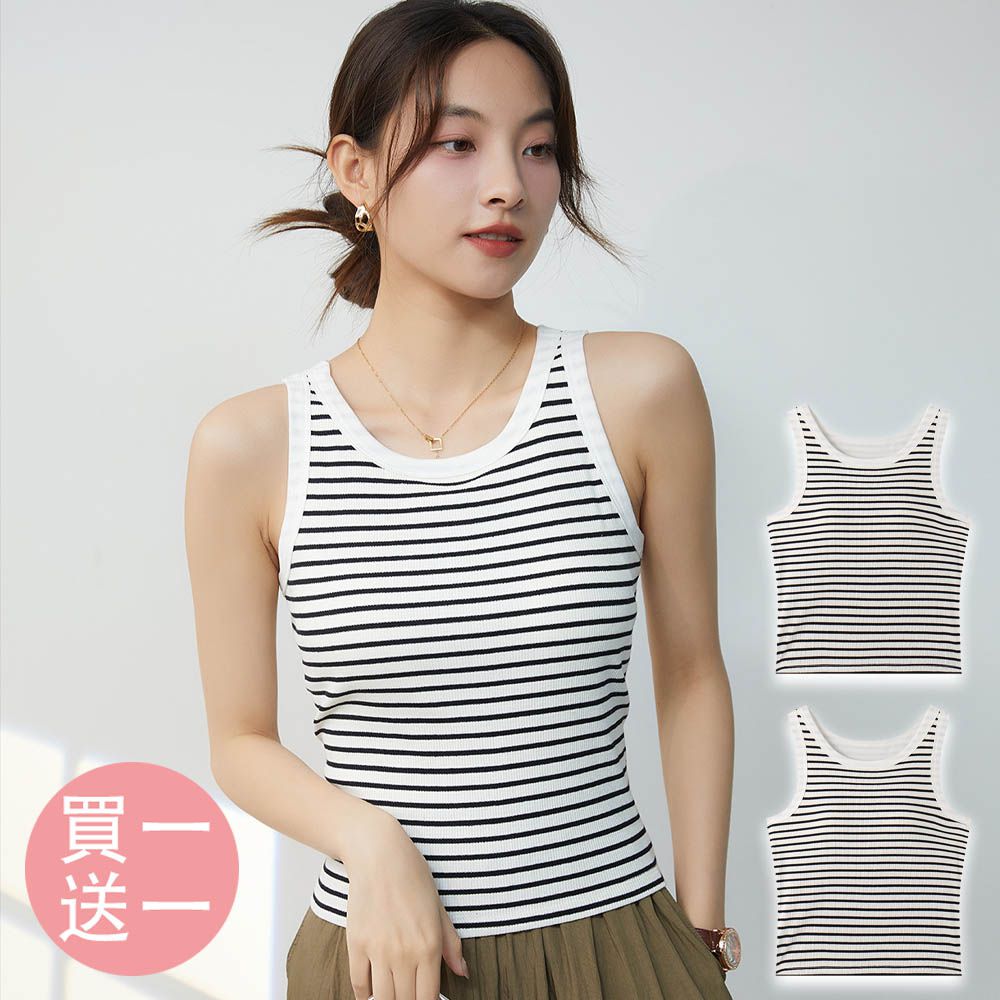 [買一送一]BRA TOP/附罩杯上衣-白底黑條