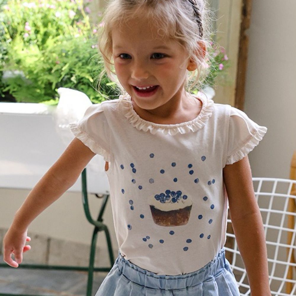 Puellaflo 藍莓蛋糕蕾絲包袖純棉上衣-淺粉橘