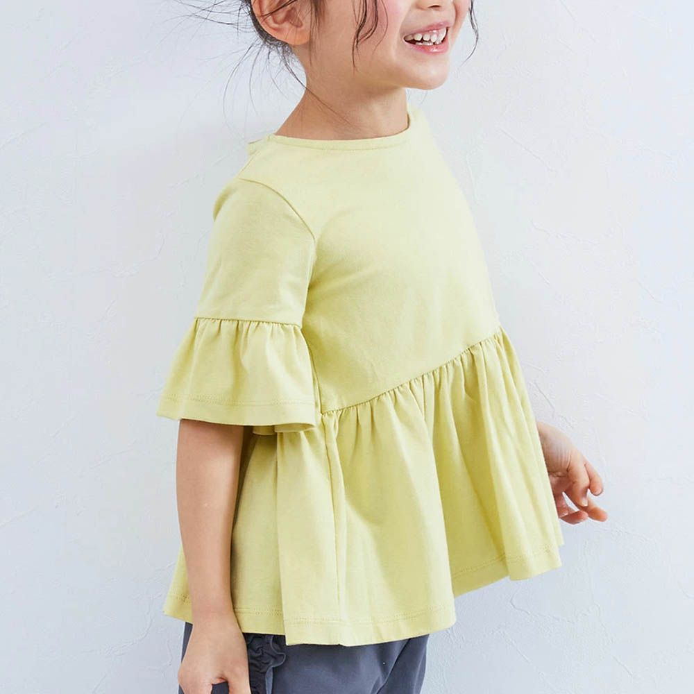 寬鬆圓領荷葉五分袖上衣-淺黃