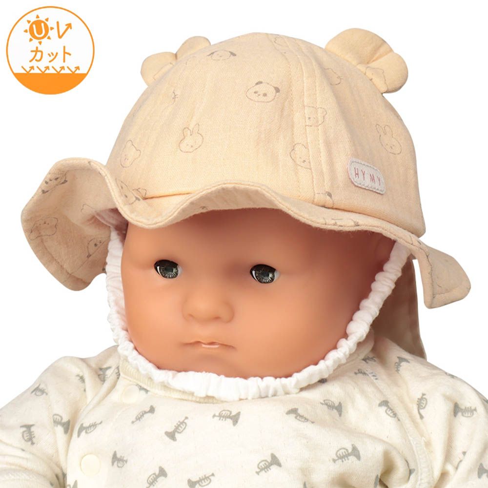 嬰幼兒耳朵造型帽 棉紗-動物 附防曬遮陽布-咖啡色