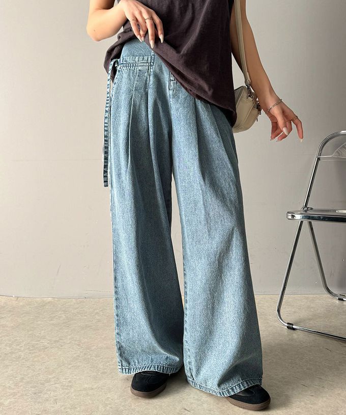 日本 Classical Elf - 側蝴蝶結純棉丹寧摺線寬褲-(環保材質)-黑