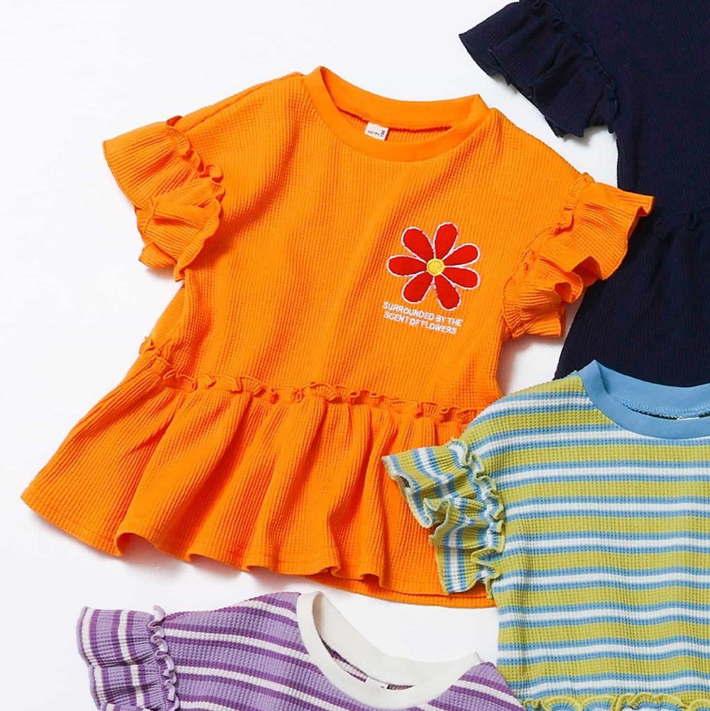 胸前花朵可愛摺邊短袖上衣-橘