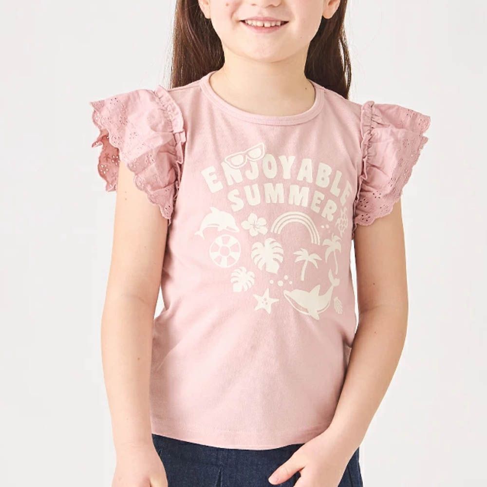 100%棉 蕾絲荷葉邊印花短袖上衣-粉紅