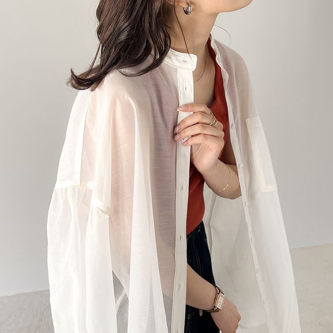 日本 Classical Elf - 優雅滾邊透膚感長袖襯衫-灰棕