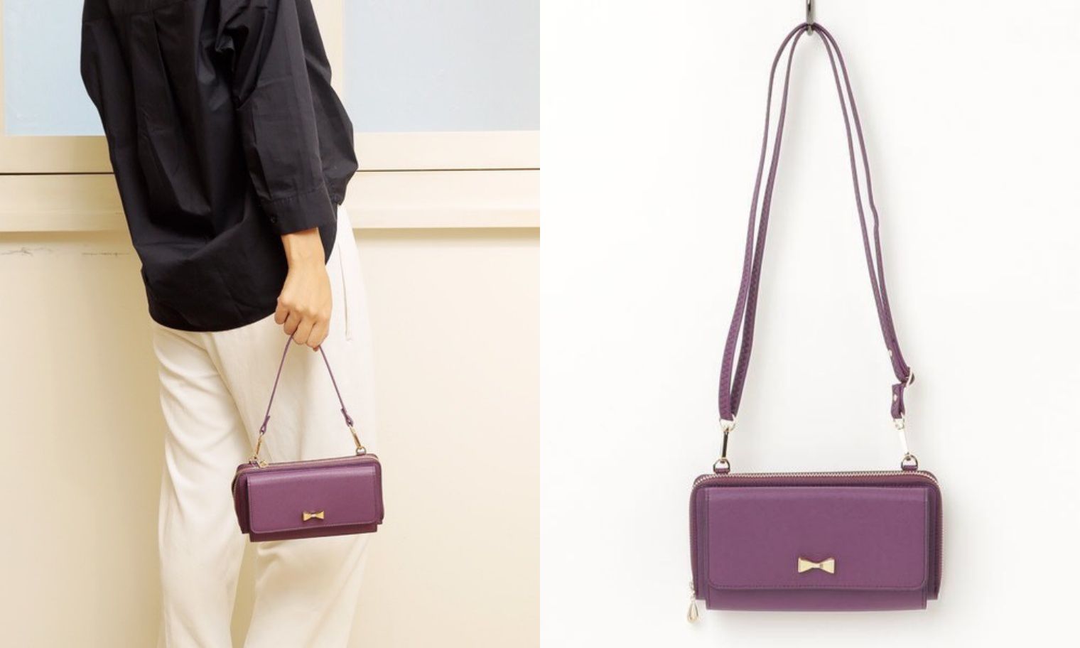 日本 cachecache - 3way蝴蝶結錢夾包-新色紫