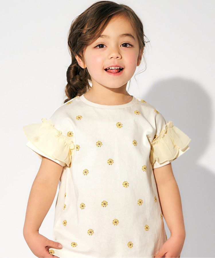 日本 apres les cours - 可愛感荷葉邊短袖上衣-小白花-淡黃