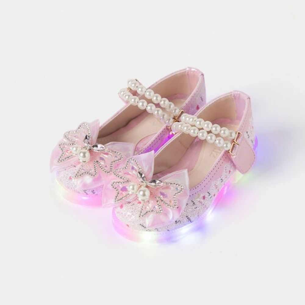 (LED)櫻桃蝴蝶結珍珠公主鞋-I love you-淺粉