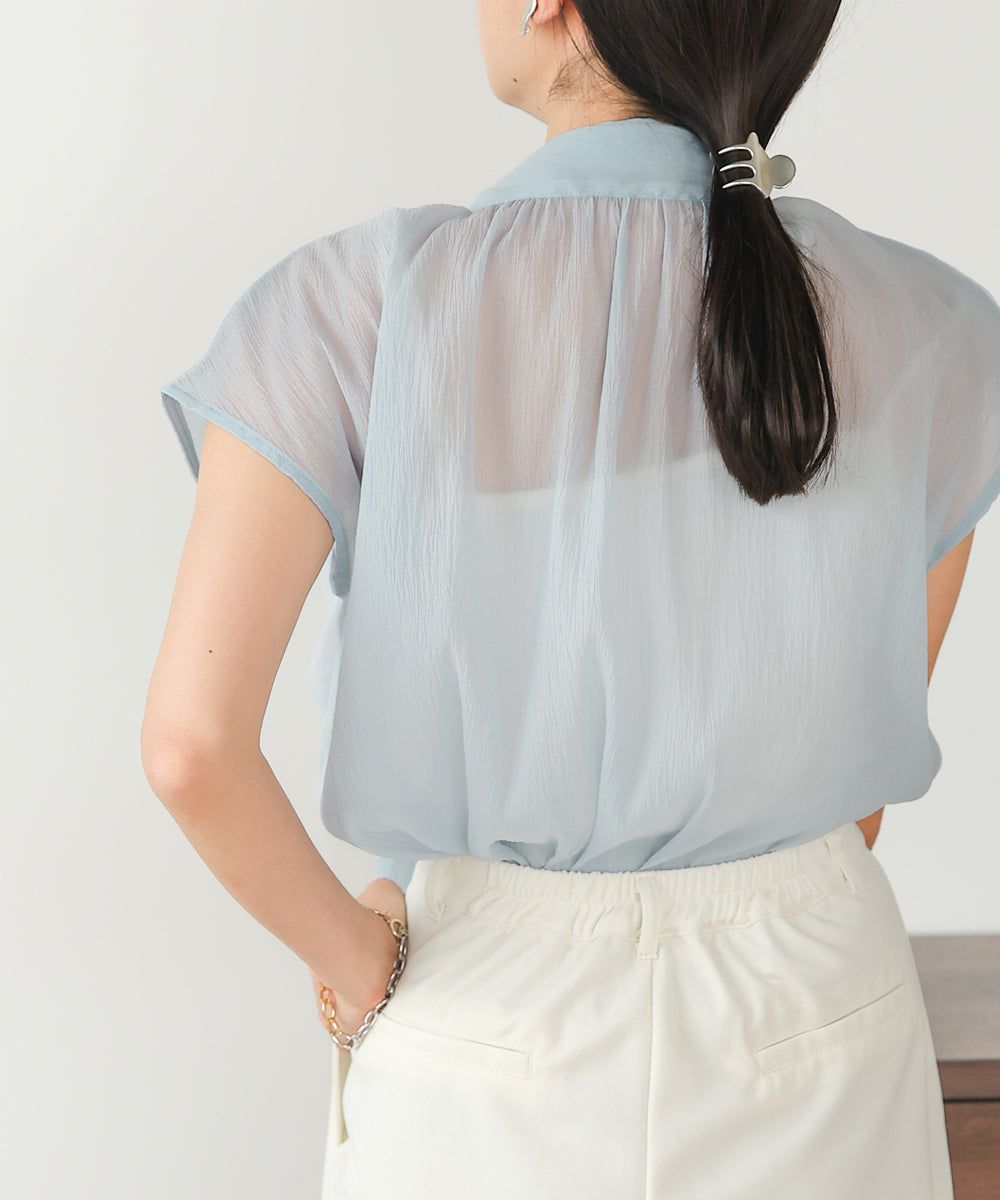 日本 Bab - 歐根紗紐結法式袖上衣-白