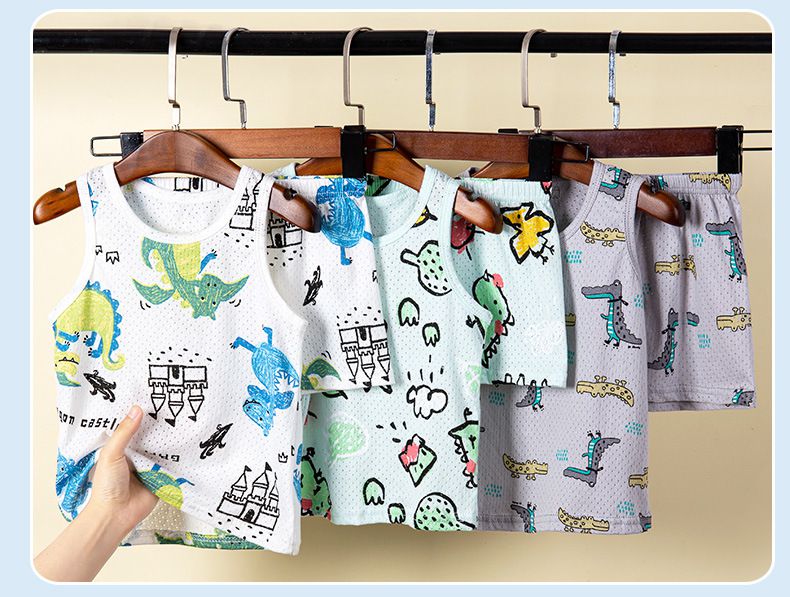 卡通網眼洞洞無袖家居服套裝/空調服-貓咪-粉色