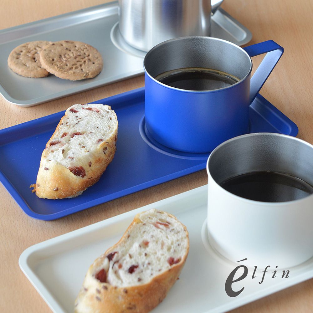 日本高桑 elfin - 日製輕食刻杯盤2件組(輕鋁餐盤+18-8不銹鋼馬克杯)-晨霧白