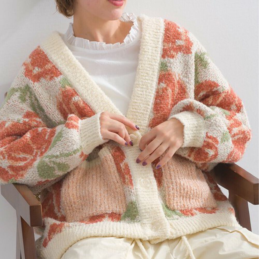 華麗大花朵溫暖V領開襟外套-米白x粉