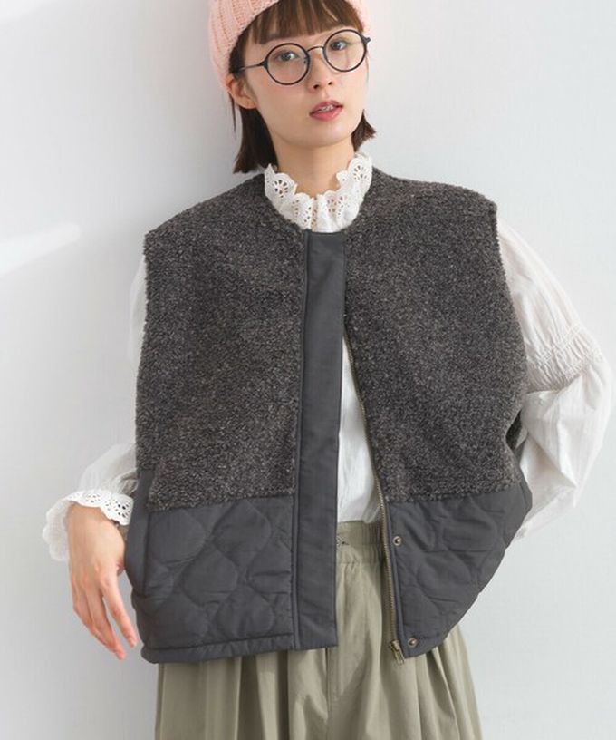 日本 Lupilien - 文青風異素材毛絨拼接保暖背心-炭灰