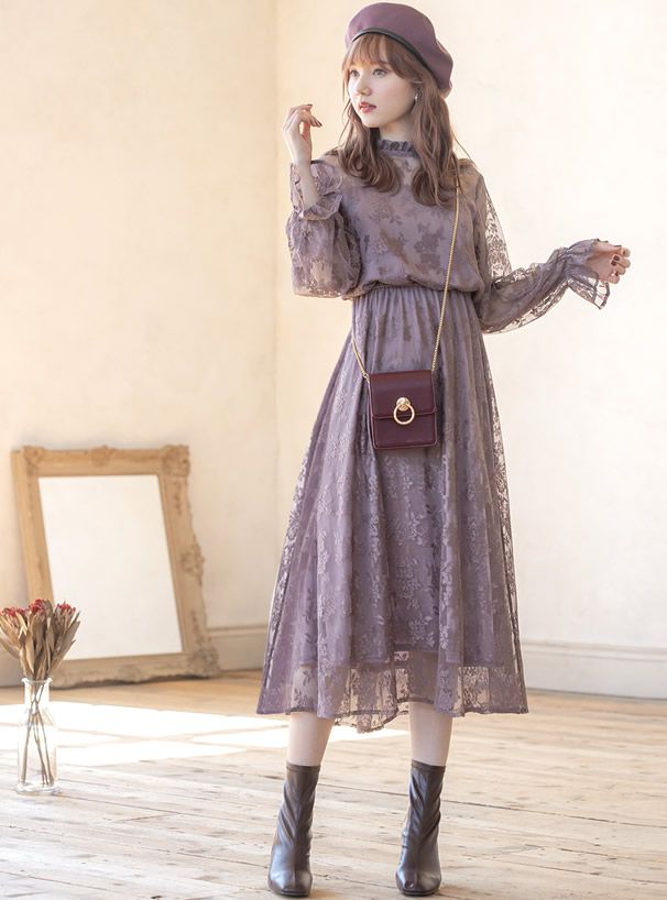 日本 GRL - 浪漫之吻花蕾絲洋裝-摩卡紫