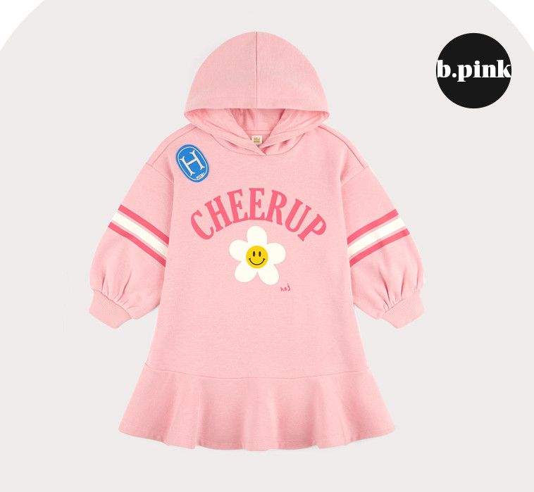 韓國 HEJMINI - (內刷毛)開心花朵泡泡袖連帽魚尾洋裝