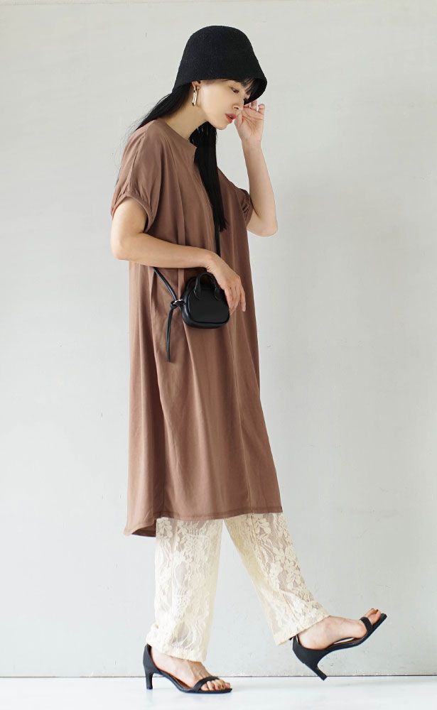 日本 zootie - 涼感機能 圓領泡泡五分袖洋裝-粉紫