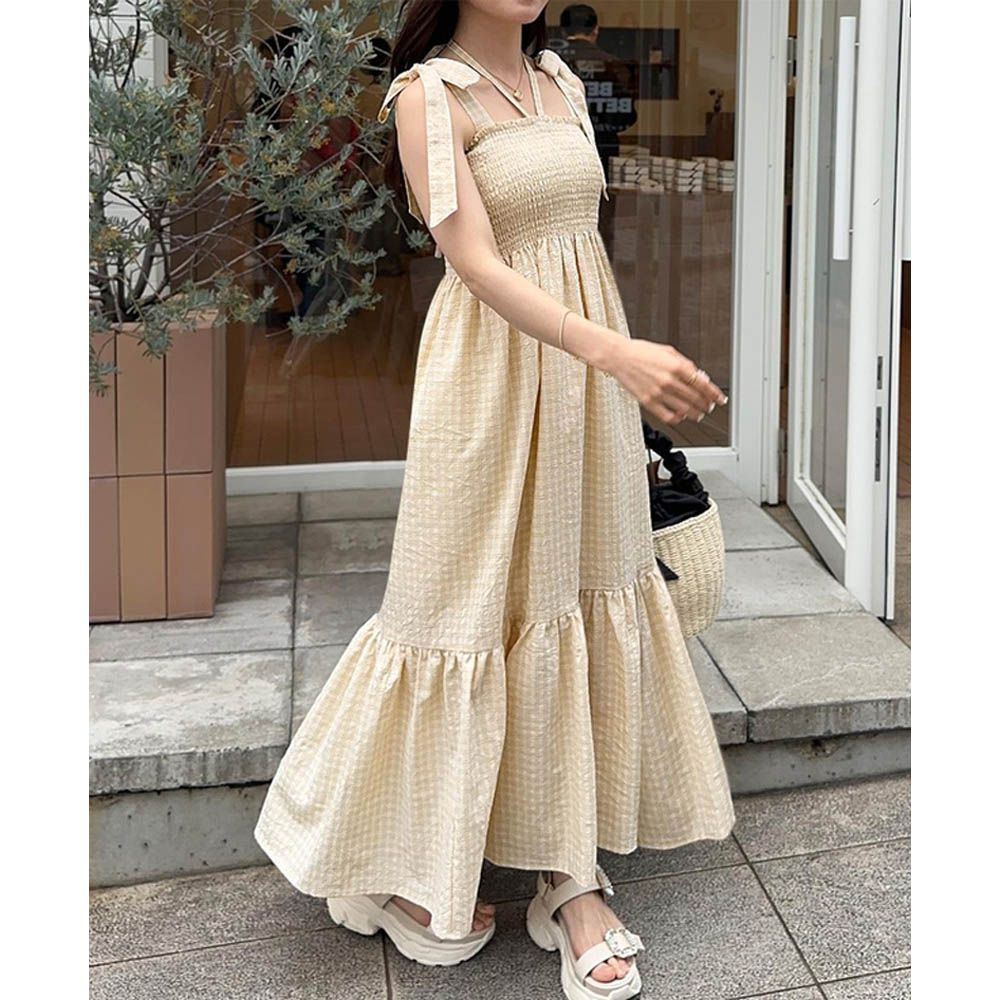 甜心肩蝴蝶結皺摺格紋無袖洋裝(綁帶可拆)-(綁帶可拆)-黃 (F)