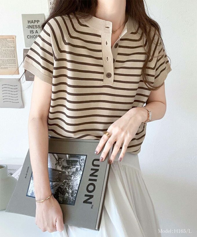 日本 Classical Elf - 定番條紋2way亨利領短袖上衣-摩卡