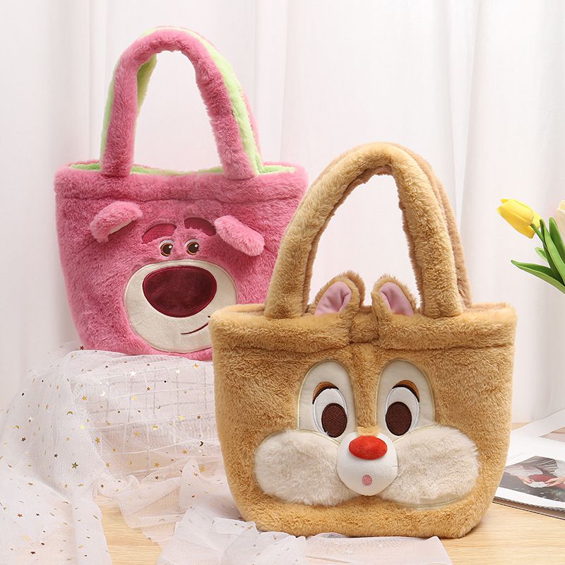 卡通毛茸茸兩面翻翻手提袋-卡通人物跳跳虎+維尼-橘+黃 (31x23x12cm)