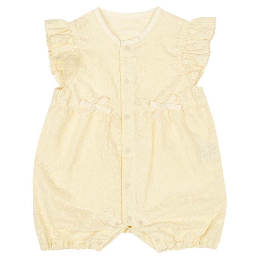 短袖兔裝-平織 小花蕾絲-黃色