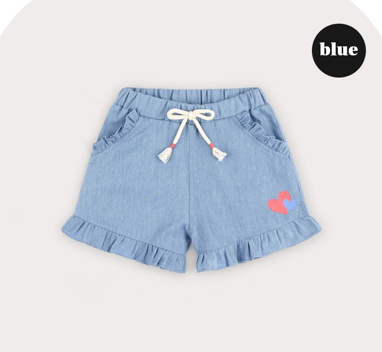 韓國 HEJMINI - 雙色心荷葉拼接短褲-藍