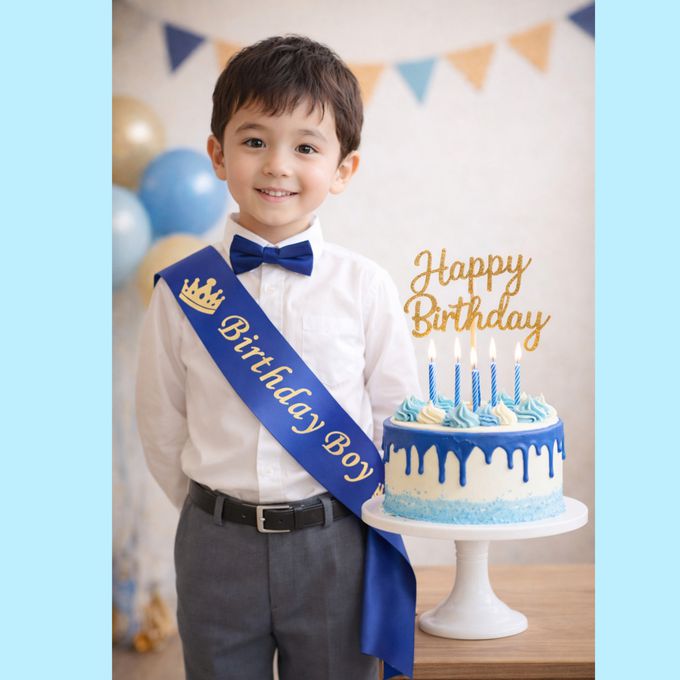 love, charlotte - Birthday Boy 生日男孩慶生肩帶 - 藍色緞帶燙金字