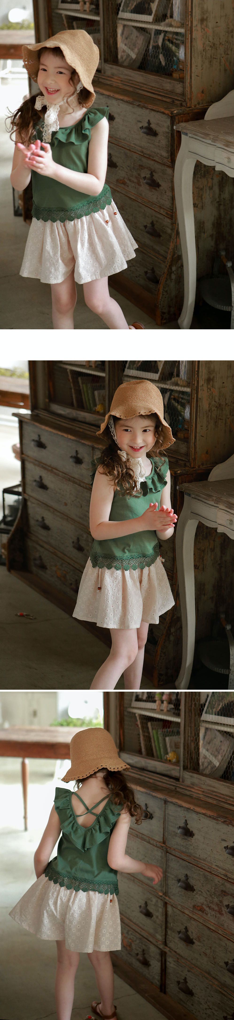 韓國 PuellaFLO - 荷葉圓領菱格鏤空露背上衣-綠